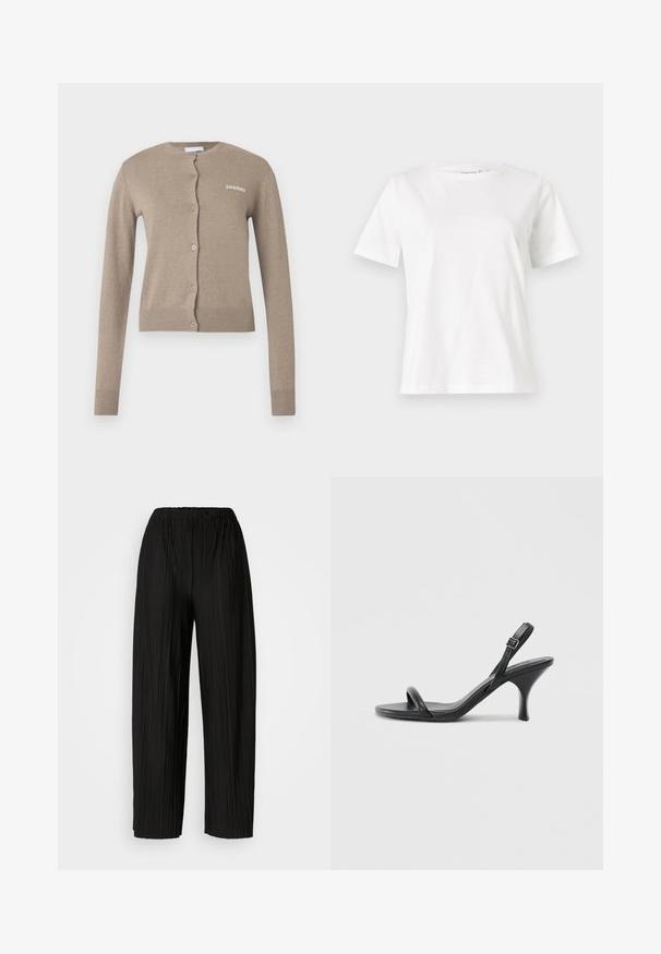 Smėlio spalvos megztinis su apvalia iškirpte, ilgomis rankovėmis ir sagų užsegimu. Rankogaliai ir apačia yra ruoželiais, priekyje yra mažas baltas logotipas.; Balta medvilninė marškinėliai trumpomis rankovėmis, su apvalia iškirpte ir laisvu siluetu. Lygi tekstūra, be raštų ar akcentų, minimalistinis dizainas.; Juodos plisuotos plačios kojos kelnės su elastine juostos. Medžiaga pasižymi vertikaliomis plokštelėmis ir lygiu paviršiumi.; Juodos odinės aukštakulnės šlepetės su plonu, kreiviu kulnu ir kryžminiu dirželio dizainu. Reguliuojamas kulkšnies dirželis. Lygus paviršius.