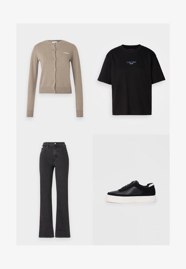 Cardigan bej cu decolteu rotund, mâneci lungi și închidere cu nasturi. Dispune de manșete și tiv striate, cu un mic logo alb pe partea din față.; Tricou din bumbac negru cu guler rotund, mâneci scurte și logo-ul brodat în albastru "Calvin Klein JEANS" pe față.; Jeans negre cu talie înaltă, evazate, din denim, cu închidere prin buton, bucle pentru curea și buzunare laterale. Textură netedă, cu decolorare minimă.; Sneaker negru cu piele netedă și panouri din întăritură, șireturi plate, vârf rotund și talpă din cauciuc alb. Logo distinct pe călcâi.