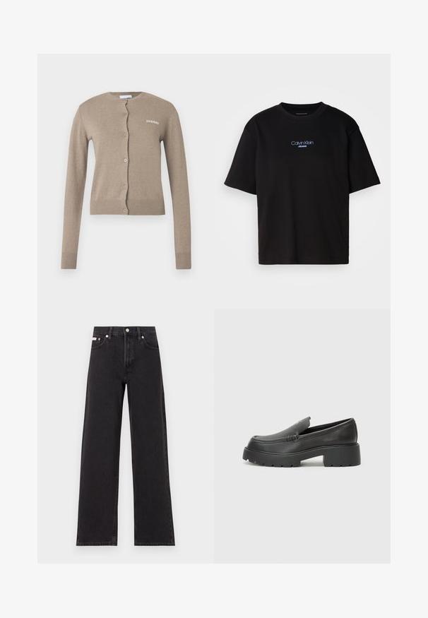 Béžový sveter na zapínanie s okrúhlym výstrihom, dlhými rukávmi a gombíkovým zapínaním. Má rebrované manžety a lem a na prednej strane malý biely logo.; Čierne bavlnené tričko s okrúhlym výstrihom, krátkymi rukávmi a modrým vyšívaným logom "Calvin Klein JEANS" na prednej strane.; Čierne široké džínsy vyrobené z denimu, s vysokým pásom, piatimi vreckami a kovovým zapínaním s kontrastným šitím.; Čierne kožené mokasíny s okrúhlou špičkou, hrubou textúrovanou podrážkou a minimom stehovej výzdoby. Štíhly dizajn bez viditeľných šnúr alebo kovania.