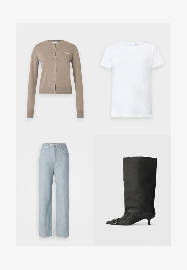 Beige cardigan with a round neckline, long sleeves, and button closure. Features ribbed cuffs and hem, with a small white logo on the front.; White short-sleeve t-shirt made of cotton with a crew neck design. Smooth texture and straight cut, no patterns or accents.; Light blue straight-leg jeans made of denim. Features five pockets, a metal button closure, and subtle whiskering for texture.; Black leather ankle boot with a pointed toe, small heel, and metallic accent detail on the toe. Smooth, matte texture throughout.