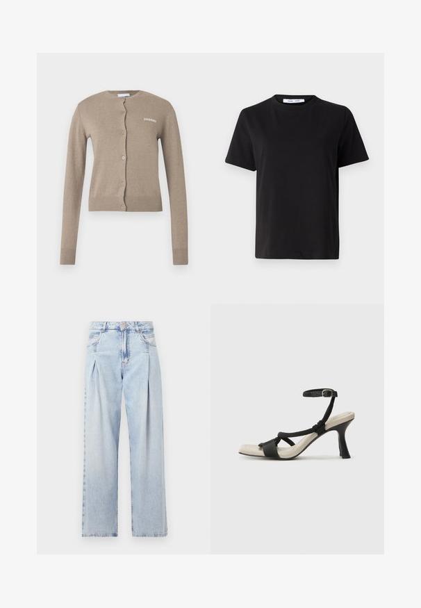 Beige cardigan med rund hals, lange ermer og knappestolpe. Har ribbestrikkede mansjetter og kant, med en liten hvit logo på fronten.; Svart kortermet t-skjorte laget av myk bomull, med rund hals, avslappet passform og en jevn tekstur. Ingen synlige mønstre eller grafikk.; Lyseblå denimjeans med høy livlinje, vide ben, to sidelommer og plisserte detaljer. Myk tekstur med en falmet finish.; Sorte helårs sandaler med flettet stroppesdesign, firkantet tå og justerbar ankelrem. Lys beige fotseng med glanset svart hæl.