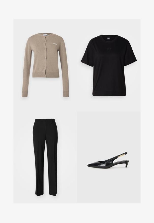 Beež kardigan ümmarguse kaelusega, pikkade varrukatega ja nööpidega kinnitatav. Omaduseks on soonikuga mansetid ja äär, esiküljel väike valge logo.; Mustmust särk, millel on ümar kaelus, lühikesed varrukad ja tindiga tikitud logo rinnal. Lihtne, mugav lõige ilma mustriteta.; Mustad ja sirged püksid, millel on sile tekstuur ja teravad voldid esiosas. Ilma nähtavate detailideta.; Mustad nahast slingback kontsad terava ninaga, millel on õhuke konts ja kuldse tooni aktsent reguleeritaval rihmal. Sile tekstuur.