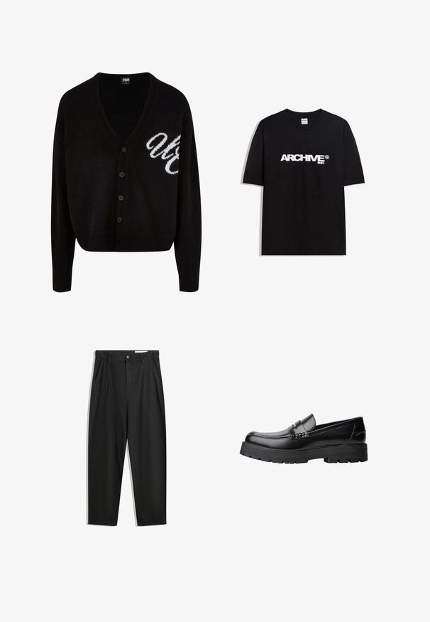 Svart stickad cardigan med v-ringad design, knappstängning och ribbade ärmslut. Broderad vit text på vänster sida, kort passform.; Svart bomull T-shirt med en vit "ARCHIVE inc." logotyp över bröstet, korta ärmar och rundad halsringning.; Svarta bomullsshorts med avslappnad passform, med en klassisk midja, framveck och sidfickor. Slät textur utan mönster.; Svart läderloafer med kraftig mönstrad sula och dekorativ rem över framtill, visad i vänster sidoprofil på vit bakgrund.