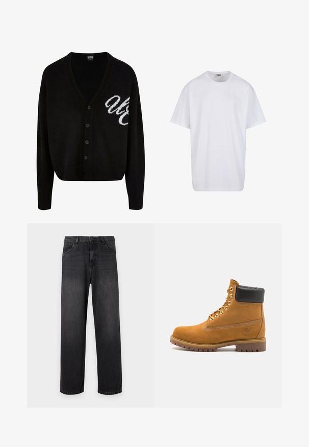 Juodas megztas kardiganas su v-kaklo dizainu, mygtukų uždarymu ir raukšlėtomis rankogaliais. Išsiuvinėtos baltos raidės kairėje pusėje, sutrumpintas fasonas.; Balta medvilninė marškinėlių užsagėlė su trumpomis rankovėmis, apvaliu kaklu, laisva forma ir be matomų logotipų ar raštų. Lygi tekstūra ir minimalus dizainas.; Tamsiai pilki džinsai su tiesiomis kojomis, turintys užtrauktuko kišenę, penkias kišenes ir subtilius išblukimo akcentus audinyje.; Tan spalvą turintys suknelės batus iki kulkšnies su juodu paminkštintu apvadu, auksiniais metaliniais akių užsegimais, baltais siūlų dekoratyviniais elementais ir tvirtu guminiu padu su ryškiai išreikštais raštais.
