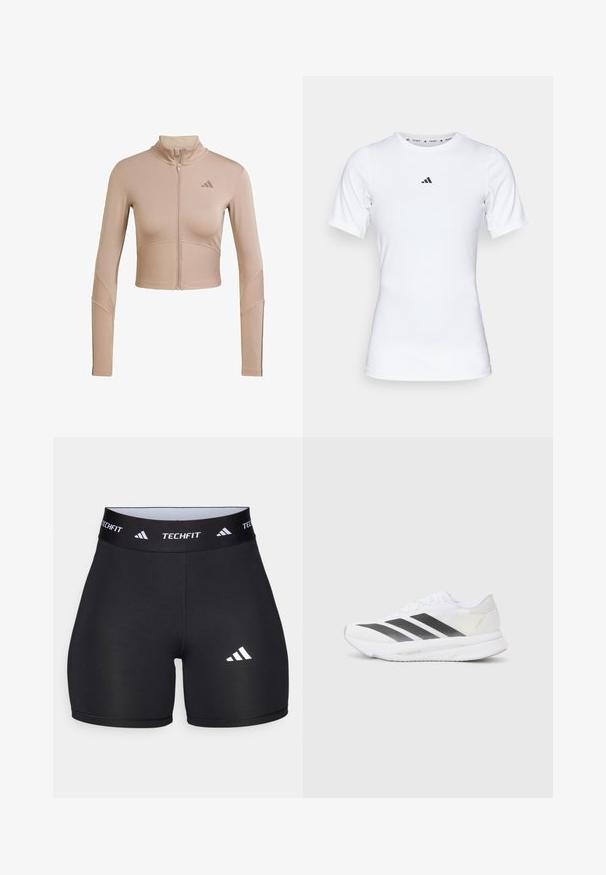 Beige Sport-Crop-Jacke mit hohem Kragen, durchgehendem Reißverschluss, geripptem Textur an den Ärmeln und am unteren Saum, mit einem kleinen Logo auf der Brust.; Weißes Sportshirt mit kurzen Ärmeln, aus glattem, dehnbarem Stoff. Mit kleinem schwarzem Adidas-Logo auf der Brust.; Schwarze Shorts aus dehnbarem Stoff mit passgenauer Passform. Verfügt über einen breiten schwarzen Bund, der mit "TECHFIT" beschriftet ist, und ein weißes Logo am Bein.; Weißer Sportschuh mit schwarzen diagonalen Streifen, Mesh-Obermaterial, abgerundetem Zehenbereich und strukturiertem Profil. Akzente sind ein silberner Heel und ein minimalistisches Design.