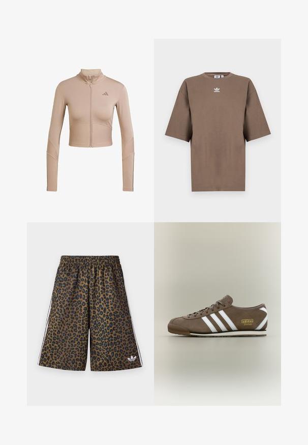 Beige Sport-Crop-Jacke mit hohem Kragen, durchgehendem Reißverschluss, geripptem Textur an den Ärmeln und am unteren Saum, mit einem kleinen Logo auf der Brust.; Braunes Baumwoll-T-Shirt mit kurzen Ärmeln, Rundhals und weißem Adidas-Logo, das zentral auf der Brust platziert ist. Das Design ist schlicht und der Schnitt ist locker.; Leopardenmuster-Shorts mit braunem Grundton, elastischem Bund und weißen Seitenstreifen. Hergestellt aus glattem Stoff; mit kleinem Logodetail.; Brauner Wildleder-Sneaker mit drei weißen Streifen, flacher Gummisohle, rundem Zeh und goldenem "adidas Italia"-Logo an der Seite.