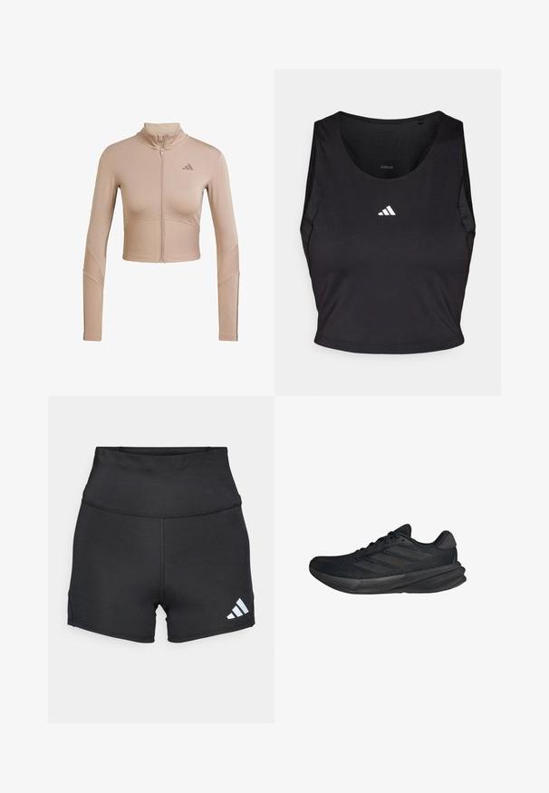 Beige atletisk cropped jakke med høj krave, fuld lynlås, ribbet tekstur på ærmerne og nederste kant, med et lille logo på brystet.; Sort sports crop top lavet af fugttransporterende stof, med rund hals, ærmeløs design og hvidt logo på brystet.; adidas Performance Tights - black; Sorte sportssko med en mesh-overdel, strømlinet form, flad sål og tre diagonale striber på siden. Letvægtsdesign for komfort.