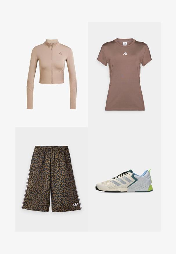 Beige urheilu crop-takki, jossa on korkea kaulus, täysi vetoketju, ribbitetty rakenne hihoissa ja alahelmassa, ja pienehkö logo rinnassa.; adidas Performance Tekninen t-paita - earth strata/white; Leopardikuvioiset shortsit, ruskea pohjaväri, joustava vyötärönauha ja valkoiset sivuraidat. Valmistettu sileästä kankaasta; pienellä logoyksityiskohdalla.; Kevyet urheilukengät, joissa on kermaisen värinen verkkopinta, harmaat raidat, vihreä yksityiskohta ja texturoitu sininen kantapää. Mustat nauhat.