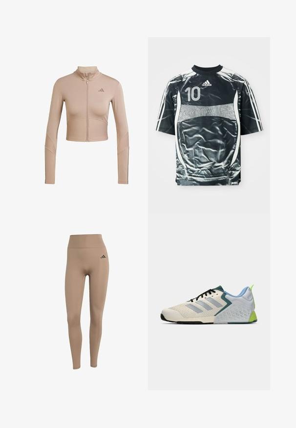 Béžová sportovní crop bunda s vysokým límcem, plným zipem, vroubkovanou texturou na rukávech a dolním lemu, s malým logem na hrudi.; Černý sportovní dres Adidas se bílým číslem 10, bílými pruhy na rukávech a bílým designem panelů na přední části a po stranách.; Béžové legíny s vysokým pasem vyrobené z elastické tkaniny, se přiléhavým střihem a černým logem na levém boku.; Lehké sportovní boty s krémovou síťovinovou svrchní částí, šedými pruhy, zeleným akcentem a texturovaným modrým patním kontrastem. Černé tkaničky.