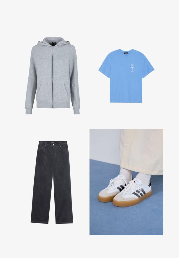 Halluxhallitus halluxhallitus pehmeast, tekstureeritud kangast hall zip-up kapuutsiga. Omab nööri kapuutsi ja kahte esimest taskut. Varrukate ja lõpp on ribakaitsega.; Heledad sinine puuvillane T-särk ümmarguse kaelusega. Vasakul rinnal on valge palmipuu ja tekst. Lühikesed varrukad.; Laialda jalgadega püksid tumehallist korduroost, millel on nööp sulgemine, neli taskut ja pehme tekstuuriga viimistlus.; Valged tossud mustade triipudega ja beeži nahaga aktsentidega. Omavad tekstuuriga kummist talla ja lamedaid valgeid paelu, kantud heledate sokkidega.