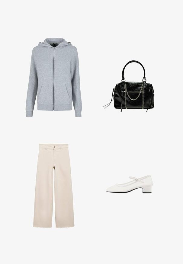 Felpa grigia con zip realizzata in un morbido tessuto testurizzato. Presenta un cappuccio regolabile con cordino e due tasche frontali. I polsini e l'orlo sono a costine.; T-shirt bianco realizzato in un tessuto morbido e leggero. Presenta un collo rotondo e maniche corte e larghe con vestibilità morbida. Nessun motivo visibile.; Jeans beige a gamba larga con vita alta, dotati di chiusura a pulsante, tasche frontali e orlo sfrangiato. Realizzati in tessuto denim.; Scarpa Mary Jane in pelle sintetica bianca con punta arrotondata, tacco grosso di altezza intermedia e cinturino regolabile con fibbia argentata.; Bershka WITH CHAIN - Borsa a mano - black