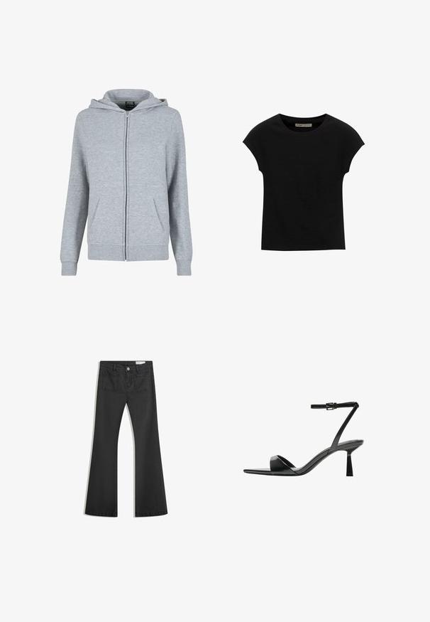 Sivi dukserica na zip s kapuljačom izrađena od mekane, teksturirane tkanine. Ima vezicu za kapuljaču i dva prednja džepa. Manžetne i donji rub su rebrasti.; Crna majica s kratkim rukavima od mekog materijala, s okruglim izrezom i opuštenim krojem, s glatkom teksturom i bez uzoraka.; Crne široke traperice od denima s glatkom teksturom, s dva stražnja džepa i kopčanjem na dugme u struku.; Bershka Sandale s visokom petom - black