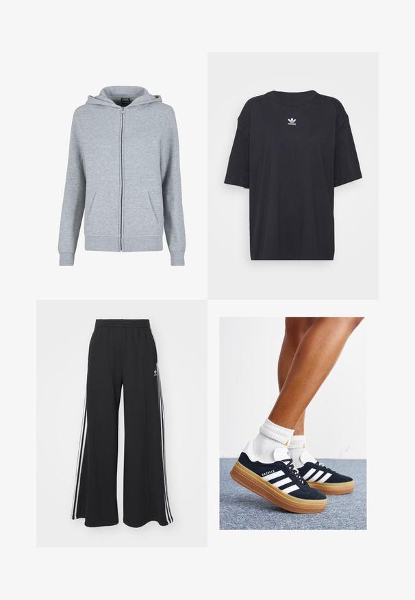 Šedá mikina na zip vyrobená z měkké, texturované látky. Obsahuje kapuci se šňůrkou a dvě přední kapsy. Rukávy a lem jsou žebrované.; Černé bavlněné tričko s krátkými rukávy a kulatým výstřihem, na hrudi má bílé logo Adidas. Jednoduchý design, uvolněný střih.; Černé pohodlné tepláky širokého střihu s elastickým pasem, na boční straně s bílými pruhy a vyšitým logem na levé stehně.; Černé semišové tenisky s bílými pruhy a detaily, zaoblenou špičkou, podrážkou z gumy barvy žvýkačky, doplněné bílými žebrovanými ponožkami ke kotníkům.