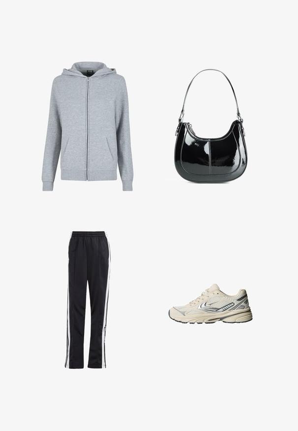 Grauer Zip-Hoodie aus weichem, strukturiertem Stoff. Verfügt über eine Kapuze mit Kordelzug und zwei Fronttaschen. Die Bündchen und der Saum sind gerippt.; Weißes, geripptes Tanktop mit Rundhalsausschnitt und breiten Trägern. Weiche Stofftextur und genähte Säume. Einfaches, enganliegendes Design.; Schwarze Jogginghose mit weißen Seitenstreifen, elastischem Bund und einem Logo-Patch. Hergestellt aus glattem, leichtem Stoff. Gerades Bein-Design.; Cremefarbener Sportschuh mit einem Obermaterial aus Mesh, silbernen Akzenten und einer strukturierten Gummisohle. Entwickelt für Komfort und Stabilität.; Schwarze Handtasche aus lackiertem Leder mit geschwungenem Design, Reißverschluss und einem einzelnen Schulterriemen, der mit silberfarbenen Beschlägen und Akzenten in der Naht versehen ist.