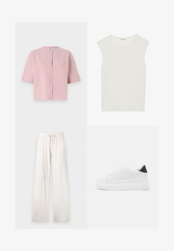 Cardigan léger rose clair à manches courtes, avec un col rond, une fermeture à boutons et un tissu doux et texturé. Design simple sans motifs visibles.; Haut sans manches blanc avec un col rond. Fabriqué en tissu lisse, il présente une coupe décontractée et un design minimaliste. Pas de motifs ni d'accents.; Pantalons de jogging beige clair en tissu doux, dotés d'une taille à cordon, de jambes larges et de coutures verticales, avec une texture lisse.; Baskets plates blanches en matériau synthétique lisse, avec un bout arrondi, un design à lacets et une semelle en caoutchouc texturé. Accent de talon noir.