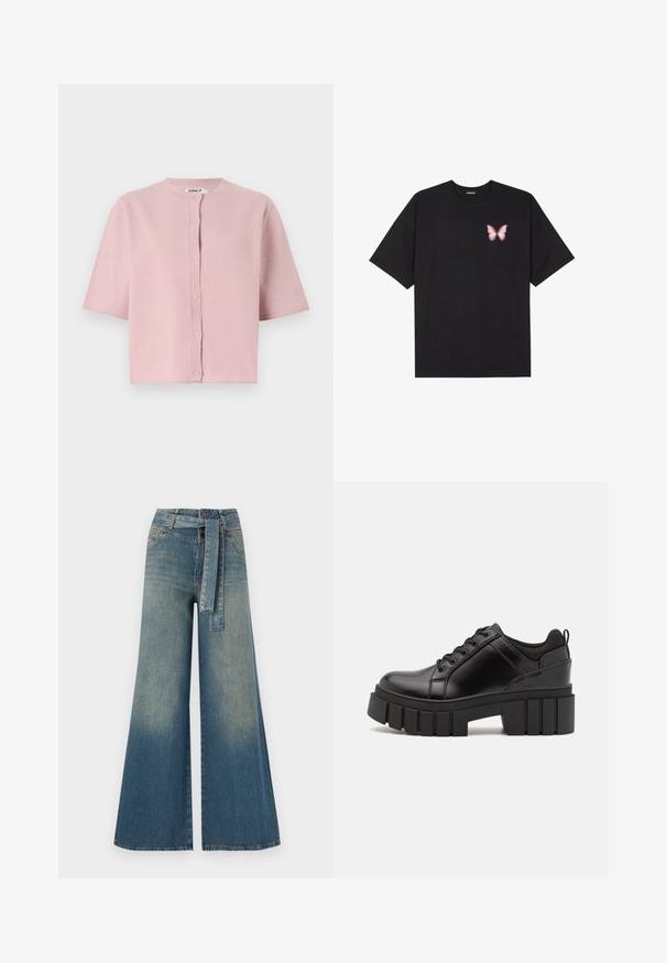 Kortærmet, lyserød cardigan med rund halsudskæring, knaplukning og blødt, struktureret stof. Enkel design uden synlige mønstre.; Sort bomulds T-shirt med korte ærmer, prydet med en lille pink sommerfugl grafik på venstre bryst. Rund hals design med en afslappet pasform.; Bredbens-denimbukser med en lys til mørk blå gradient, høj talje, bælteløkker og et matchende stofbælte. Tekstureret denimfinish.; Sorte læder platform sko med en klodset blokhæl, rund tå og traditionelt snøredesign. Har en glat tekstur og minimal detaljering.
