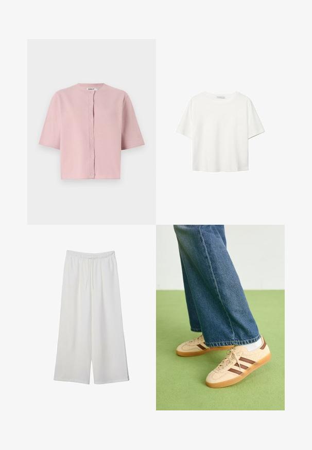 Short-sleeved, light pink cardigan with a round neckline, button closure, and soft, textured fabric. Simple design with no visible patterns.; White short-sleeve t-shirt made of cotton. Features a crew neckline and a relaxed fit. Smooth texture with no visible patterns or accents.; White wide-leg trousers made of lightweight fabric, featuring an elastic waistband and a drawstring for adjustable fit. Smooth texture.; Beige sneakers with textured cream panels and brown stripes, paired with blue denim jeans. The jeans have a wide leg and frayed hem.