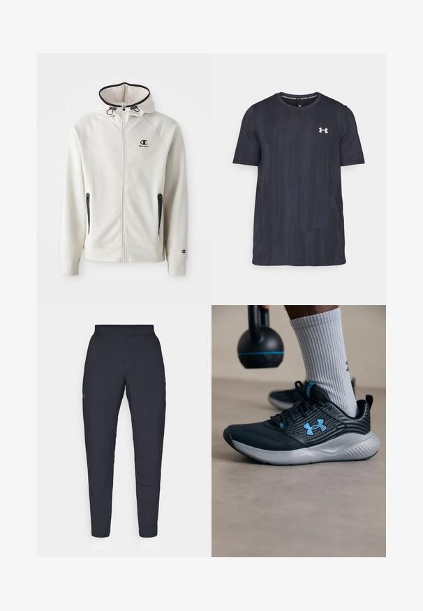 Witte hoodie met een rits aan de voorkant, zwarte ritsaccenten en een klein zwart logo op de borst. Voorzien van zijzakken en geribbelde manchetten.; Donkerblauwe t-shirt met korte mouwen, gemaakt van ademend materiaal, met een gestructureerd patroon en een wit Under Armour-logo op de borst.; Zwarte sportbroeken met een gladde textuur, slanke pasvorm, elastische tailleband en zijzakken. Bevat een klein logo op het linkerdij.; Zwarte sportschoen met blauwe accenten, gestructureerde bovenkant en grijze zool. Draagt met grijze geribbelde sokken, naast een zwarte kettlebell.