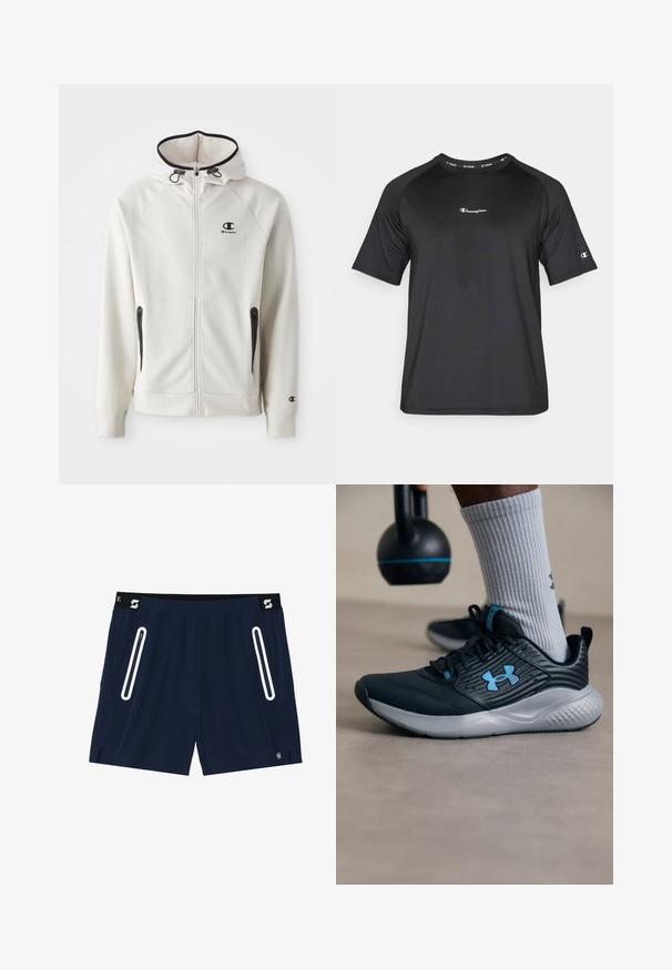 Bela kapuca s półzadrgtvjo, črnim zadrgo in majhnim črnim logotipom na prsih. Ima stranske žepne in rebraste manšete.; Champion LIGHT STRETCH - Športne majice - black; Temno modri športni kratki hlače z črnim pasom, ki imajo dve beli zadrževali žepek in majhne stranske razpoke za lažje gibanje.; Črne atletske čevlje z modrimi detajli, teksturirano zgornjo plastjo in sivo podplato. Obuti z sivimi rebrastimi nogavicami, ob črnem kettlebellu.