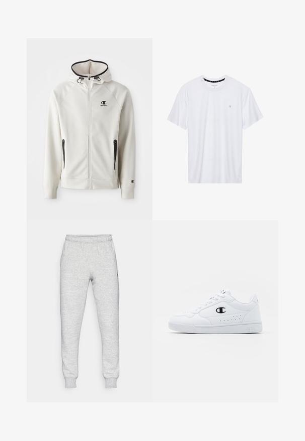 Biela mikina s kapucňou so zipsom vpredu, čierne zipsové akcenty a malé čierne logo na hrudi. Obsahuje postranné vrecká a ribbované manžety.; Biele tričko s okrúhlym výstrihom vyrobené z bavlny, s krátkymi rukávmi a malým logom vyšitým na ľavej strane hrude. Mäkká textúra.; Sivé tepláky vyrobené z mäkkého zmesového bavlneného materiálu, s elastickým pásom, zúženými nohavicami a malým logom na ľavej strane vrecka.; Biele športové tenisky s hladkým syntetickým zvrškom, čiernym logom a perforovanými detailmi na boku. Gumová podošva.