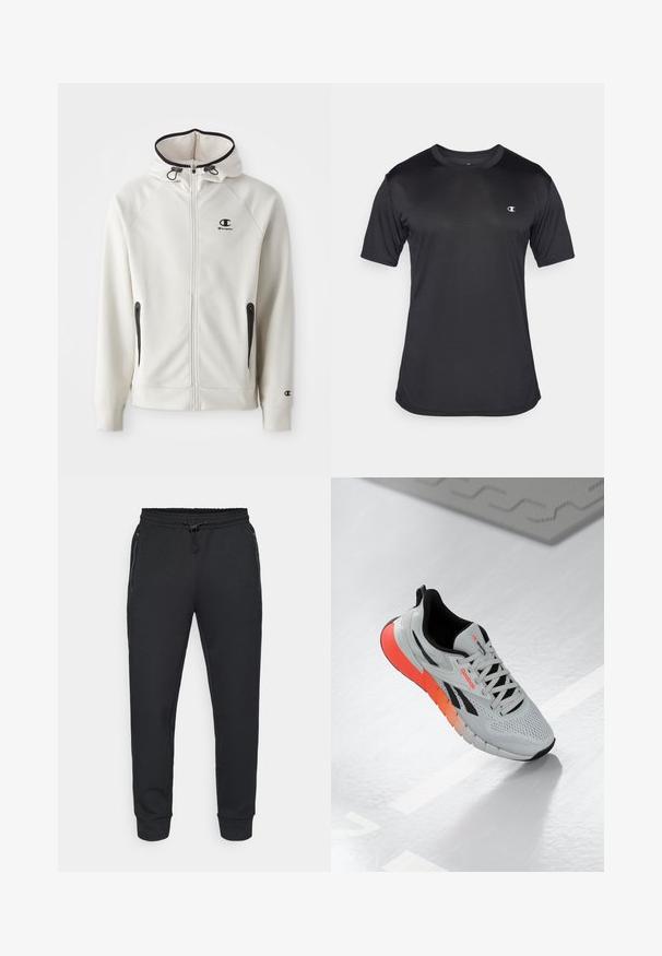 Άσπρο φούτερ με κουκούλα και φερμουάρ μπροστά, με μαύρες λεπτομέρειες από φερμουάρ και ένα μικρό μαύρο λογότυπο στο στήθος. Διαθέτει πλευρικές τσέπες και ριμπ μανσέτες.; Μαύρο κοντομάνικο αθλητικό μπλουζάκι από δομημένο, αναπνεύσιμο ύφασμα; διαθέτει στρογγυλή λαιμόκοψη και λογότυπο στην αριστερή πλευρά του στήθους.; Μαύρες αθλητικές φόρμες με ελαστική μέση που σφίγγει με κορδόνι, πλαϊνές τσέπες με φερμουάρ και ριμπ μανσέτες. Κατασκευασμένες από μαλακό, υφασμάτινο υλικό.; Λευκά αθλητικά παπούτσια με επάνω μέρος από διχτυωτό υλικό, μαύρες λεπτομέρειες και σόλα με λιγάκι απόχρωση από πορτοκαλί σε ροζ. Διαθέτει σχεδίαση με κορδόνια και στρογγυλή μύτη.