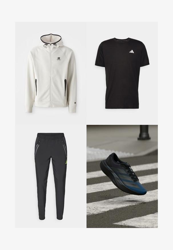 Weißer Kapuzenpullover mit Reißverschluss vorne, schwarzen Reißverschlussakzenten und kleinem schwarzen Logo auf der Brust. Enthält seitliche Taschen und gerippte Bündchen.; Schwarzes Baumwoll-T-Shirt mit kurzen Ärmeln, Rundhalsausschnitt und einem weißen Logo auf der linken Brust. Glatte Textur und einfaches Design.; adidas Performance REAL MADRID TIRO25 PRO VIS TECH TRAVEL PANT - Vereinsmannschaften - black/lucid lemon; Schwarz-blauer Sportschuh mit stromlinienförmigem Design, ausgestattet mit einer strukturierten Oberseite, kontrastierenden Streifen und einer gepolsterten Sohle, schwebt über dem Pflaster.