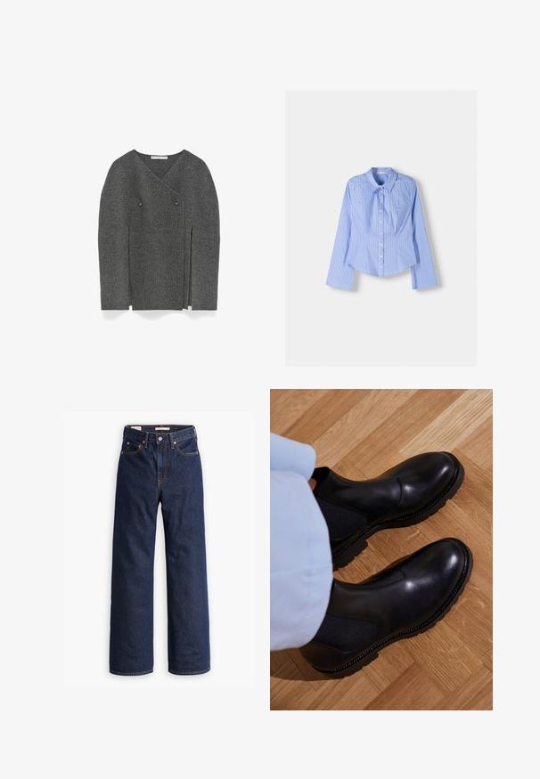 Donkergrijze geribbelde gebreide cardigan met een asymmetrische voorkant, twee knopen en lange mouwen, plat gelegd op een witte achtergrond.; Blauw en witte gestreepte langlopende overhemstel met een spreadkraag, getailleerde pasvorm en afgeronde zoom. Gestructureerd katoenen materiaal.; Donkerblauwe rechte spijkerbroek met vijf zakken, oranje stiksels en een knopen sluiting.; Zwarte enkellaarzen van soepel leer met elastische zijpanelen, een getextureerde rubberen zool en contrasterende stiklijnen langs de rand.