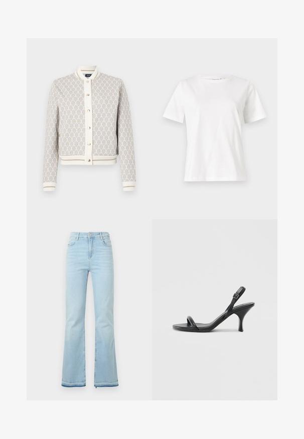 Lightweight, patterned bomber jacket in cream and beige with blue accents. Features a ribbed collar, cuffs, and button closure.; White cotton t-shirt with short sleeves, round neckline, and a relaxed fit. Smooth texture, no patterns or accents, minimalistic design.; Light blue flared jeans made of denim, featuring a high waist, front pockets, and a raw hem at the cuffs for a casual look.; Black leather high-heeled sandals with a slim, curved heel and a crossed strap design. Adjustable ankle strap. Smooth texture.