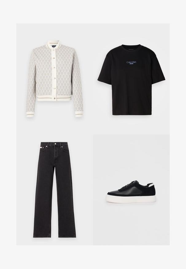 Lengvas, raštuotas bomber stiliaus švarkas kreminės ir smėlinės spalvos su mėlynais akcentais. Yra džersio tipo apykaklė, rankovių ir sagų uždarymas.; Juodas medvilnės marškinėliai su apykakle, trumpomis rankovėmis ir mėlynai siuvinėtu "Calvin Klein JEANS" logotipu priekyje.; Juodos plačios kojų džinsai, pagaminti iš džinsinio audinio, su aukštu liemeniu, penkių kišenių stiliumi ir metaline sagte su kontrastingo siuvimo detalėmis.; Juodi sportbačiai su lygiu oda ir zomšinėmis detalėmis, plokščiomis raišteliais, apvaliu walko ir balta guma iš baze. Išskirtinė logotipas ant kulno.