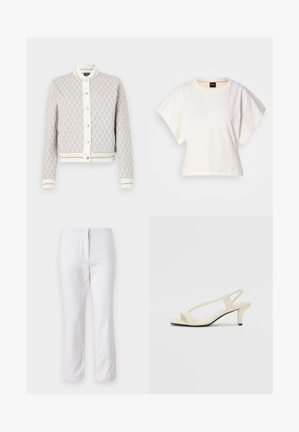 Giacca bomber leggera, a fantasia, in crema e beige con accenti blu. Caratterizzata da colletto a coste, polsini a coste e chiusura con bottoni.; T-shirt bianca cropped, maniche corte e larghe, tessuto di cotone morbido, scollatura rotonda con bordino arancione sottile, design minimale, senza motivi o grafiche.; Pantaloni bianchi in cotone con design a gamba dritta, caratterizzati da una vita a media altezza e senza hardware o motivi visibili. Tessuto liscio su tutta la superficie.; Sandali con tacco a blocco beige, con sottili cinturini e punta quadrata. Materiale liscio con dettagli minimi, progettati per un facile utilizzo.