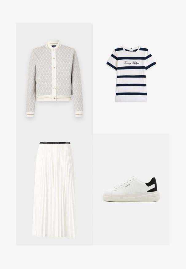 Lagani bomber jakna s uzorkom u krem i bež boji s plavim akcentima. Ima rebrasti ovratnik, manšete i kopčanje na dugme.; Pamučna majica s horizontalnim tamnoplave pruge na bijeloj pozadini. "Tommy Hilfiger" izvezeno kurzivom na prsima. Okrugli izrez.; Nabrana bijela suknja s crnim elastičnim pojasom na kojem se nalazi logo "LACOSTE". Srednje dugačak dizajn s mekim teksturom.; Bijele kožne tenisice s debelim bijelim potplatom, crnim zamšastim akcentom na peti i ugraviranim logom sa strane. Dizajn s vezicama i šest rupa za vezivanje.