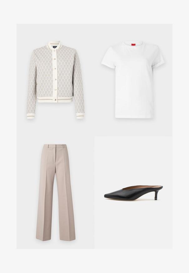 Leichte, gemusterte Bomberjacke in Creme und Beige mit blauen Akzenten. Verfügt über einen gerippten Kragen, Bündchen und eine Knopfverschluss.; Weißes Kurzarm-T-Shirt aus leichtem Baumwollstoff. Hat einen runden Halsausschnitt und umgeschlagene Ärmel. Rotes Logo-Tag am Kragen.; Beige weit geschnittene Hosen aus einem glatten Stoff, mit hoher Taille, vorderen Falten und einer maßgeschneiderten Silhouette.; Schwarze Leder-Mules mit spitzem Zehenbereich und niedrigem Blockabsatz. Glatte Textur mit elegantem Design. Offene Rückseite mit minimaler Gestaltung.