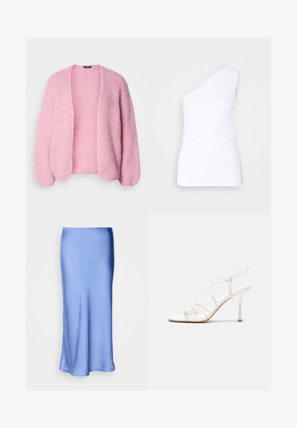 Rózsaszín kötött kardigán laza szabással, nyitott elülső résszel és süllyesztett vállakkal. Puha textúra, bordázott mandzsetták és szegély részletek.; Aszimmetrikus fehér ujjatlan felső egy vállas kialakítással, sima anyagból, testhezálló siluettel és letisztult élekével.; Szatén kék midi szoknya sima, fénylő felülettel. Enyhén bővülő sziluett, az alsó szegély finoman ível, hangsúlyozva a folyékony dizájnt.; Fehér pántos magassarkú szandál lapos lábujjal, texturált elülső résszel, ráncolt díszítéssel és vékony bokapánttal.