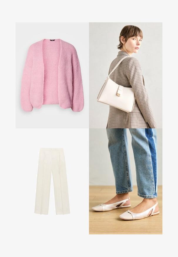 Pink knitted cardigan with a loose fit, open front, and dropped shoulders. Soft texture, ribbed cuffs, and hem details.; White short-sleeve t-shirt with a wide crew neck and textured ribbed pattern, made of soft fabric, featuring a relaxed fit and a clean design.; Wide-legged trousers in a light cream color. Made from a smooth fabric with pleats at the front and side pockets.; Pale pink slingback flats with a pointed toe, made from a smooth leather-like material. Features cut-out details at the sides and a flat heel.; White leather handbag with a structured design, featuring a magnetic clasp and a shoulder strap, showcased against a neutral background.