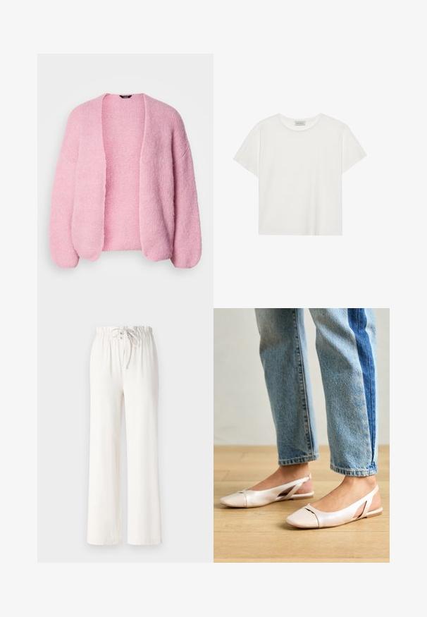 Rosa gestrickte Strickjacke mit lockerer Passform, offenem Vorderteil und tief sitzenden Schultern. Weiche Textur, gerippte Bündchen und Saumdetails.; Weißes T-Shirt mit kurzen Ärmeln aus weicher Baumwolle. Verfügt über einen runden Halsausschnitt und eine lockere Passform. Sauberes Design ohne sichtbare Muster oder Akzente.; Weiße weite Hosen aus weichem Stoff, mit einem Kordelzugbund und glatter Textur. Keine Muster oder Verzierungen sichtbar.; Blassrosa Slingback-Ballerinas mit spitzem Punkt, aus einem glatten, lederähnlichen Material. Mit Ausschnitten an den Seiten und einem flachen Absatz.