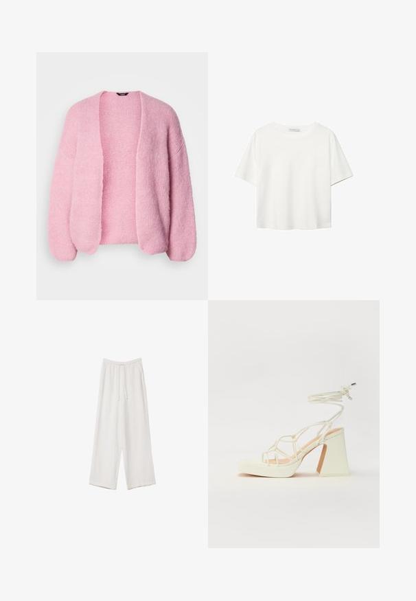 Růžový pletený cardigan s volným střihem, otevřeným předním dílem a spadlými rameny. Měkká textilie, vroubkované manžety a detaily na lemu.; Bílý krátký rukáv tričko vyrobené z bavlny. Má kulatý výstřih a volný střih. Hladký materiál bez viditelných vzorů nebo akcentů.; Bílé široké kalhoty vyrobené z lehké tkaniny. Mají elastický pas se šňůrkou a boční kapsy. Hladká textura.; Bílé sandály na vysokém podpatku s robustním podpatkem, s designem s pásky a zavazováním kolem kotníku. Hladký povrch s platformou vpředu pro zvýšení výšky.