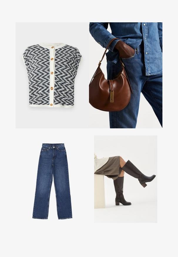 Strickjacke mit Fischgrätmuster in Marineblau und Creme. Verfügt über kurze Ärmel, einen runden Halsausschnitt und einen goldenen Knopfverschluss.; Zwei ärmellose, gerippte Rollkragenoberteile in Braun und Schwarz, auf einem schlichten weißen Hintergrund präsentiert.; Weite blaue Jeans mit hoher Taille, Knopfverschluss, fünf Taschen und subtilen Verwaschungen auf dem Stoff.; Braune Lederstiefel bis zum Knie mit eckiger Zehenpartie, blockiertem Absatz und seitlichem Reißverschluss. Glatte Oberfläche mit polierter Optik.; Braune Leder-Hobo-Tasche mit runder Form, ausgestattet mit goldenen Hardware-Details und kontrastierenden Nähten. Kombiniert mit einem Jeanshemd und Jeans.