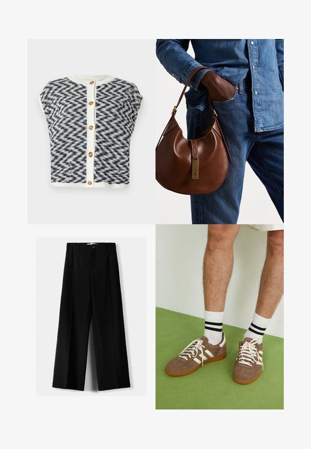 Sweter z dzianiny w wzór chevron w granatowo-kremowych kolorach. Posiada krótkie rękawy, okrągły dekolt oraz zapięcie na złote guziki.; Granatowa bawełniana koszulka z krótkim rękawem i okrągłym dekoltem. Posiada małe, czerwone, haftowane logo na lewej piersi.; Czarne spodnie szerokie, wykonane z lekkiego materiału, z zapięciem na guzik z przodu i gładkim przodem, z starannie wykończonymi brzegami.; Brązowe zamszowe sneakersy z białymi akcentami i sznurówkami. Gumowa, brązowa podeszwa. Noszone z białymi skarpetkami w czarne paski. Zielona teksturowana podłoga.; Brązowa skórzana torebka hobo w zaokrąglonym kształcie, z akcentami w złotym kolorze i kontrastowym przeszyciem. Połączona z dżinsową koszulą i spodniami dżinsowymi.
