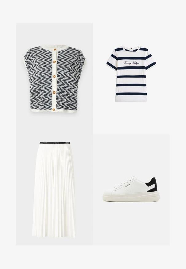 Strickjacke mit Fischgrätmuster in Marineblau und Creme. Verfügt über kurze Ärmel, einen runden Halsausschnitt und einen goldenen Knopfverschluss.; Baumwoll-T-Shirt mit horizontalen navy-blauen Streifen auf weißem Hintergrund. "Tommy Hilfiger" in Kursivschrift auf der Brust gestickt. Runder Halsausschnitt.; Faltenrock aus Weiß mit einem schwarzen elastischen Bund, der das "LACOSTE"-Logo trägt. Mittellanges Design mit weicher Textur.; Weiße Leder-Sneaker mit einer dicken weißen Sohle, schwarzem Wildlederakzent an der Ferse und geprägtem Logo an der Seite. Schnürdesign mit sechs Ösen.