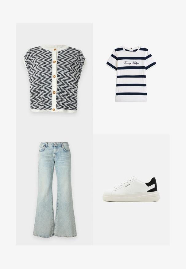 Cardigan lavorato a maglia con un motivo a spina di pesce in blu navy e crema. Presenta maniche corte, scollo rotondo e chiusura con bottoni dorati.; T-shirt in cotone con righe orizzontali blu navy su sfondo bianco. "Tommy Hilfiger" ricamato in corsivo sul petto. Collo a giro.; Jeans a palazzo di colore blu chiaro realizzati in denim, con vita alta, tasche e orli sfilacciati. Il tessuto presenta un lavaggio sbiadito e una texture sottile.; Sneaker bianchi in pelle con suola spessa bianca, accento in suede nero sul tallone e logo impresso sul lato. Design con lacci e sei fori per i lacci.