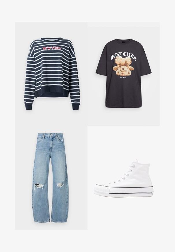 Granatowy i biały sweter w paski z okrągłym dekoltem i ściągaczami na mankietach. Z przodu umieszczony haftowany napis "NEW YORK".; Czarny, oversize t-shirt z grafiką niedźwiedzia i napisem „NIE UROCZY, ALE DZIKI” w grubej, białej czcionce. Materiał bawełniany.; Jasnoniebieskie, wysokiej talii dżinsy wykonane z denimu. Posiadają szerokie nogawki, dwa podarte miejsca na kolanach oraz klasyczne pięć kieszeni.; Białe wysokie trampki z płótna z czarną gumową podeszwą, przednim czubkiem z gumy i sześcioma dziurkami na sznurowadła, charakteryzujące się prostym, minimalistycznym designem.