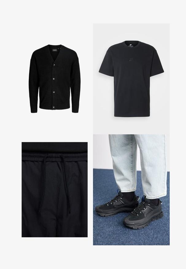 Black cardigan made of soft material, featuring a V-neck, six buttons down the front, and ribbed cuffs and hem. Simple design.; Nike black cotton t-shirt with a classic crew neck, short sleeves, and a subtle, embossed logo on the chest. Smooth texture.; Black shorts featuring a drawstring waistband, lightweight fabric with a smooth texture, and a simple design without visible logos or patterns.; Black athletic shoes with textured fabric and rubber soles, featuring elastic laces and a blue accent on the heel. Worn with light denim pants.