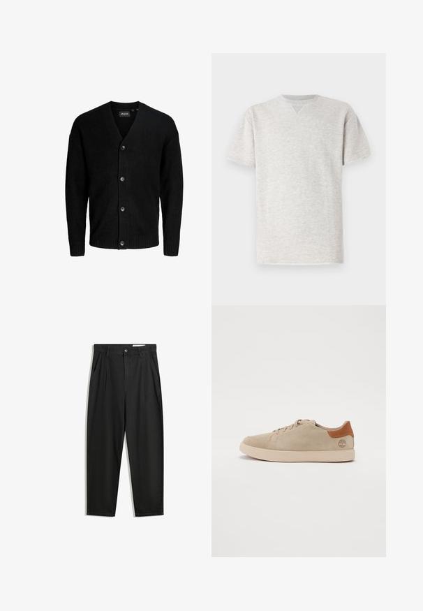 Schwarze Strickjacke aus weichem Material mit einem V-Ausschnitt, sechs Knöpfen auf der Vorderseite sowie gerippten Bündchen und Saum. Schlichtes Design.; Graues T-Shirt mit kurzen Ärmeln aus weichem Stoff. Verfügt über einen klassischen Rundhalsausschnitt und eine lockere Passform mit einer subtilen melierten Textur.; Schwarze Baumwollhose mit lockerem Schnitt, ausgestattet mit einem klassischen Bund, vorderen Falten und Seiten taschen. Glatte Textur ohne Muster.; Beige Wildlederschuhe mit einem gestickten Design, hellfarbiger Gummisohle und braunen Lederakzenten an der Ferse und im Logo.