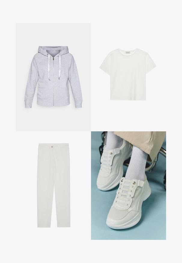 Lys grå hettejakke med glidelås laget av mykt materiale, med snorhette, ribbestrikkede mansjetter og glidelås foran. DKNV-merket på snorene.; Hvit T-skjorte med kort erm laget av myk bomull. Har rund hals og avslappet passform. Rent design uten synlige mønstre eller aksenter.; Hvite, skreddersydde bukser med rette ben, med knapplukking, beltehemper og sidelommer; glatt tekstur.; Hvite sneakers med mesh-materiale, gummisåle, snøret design uten laces og elastiske bånd, samt gulltone detaljer.