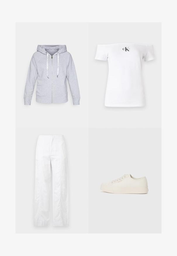 Moletom cinza claro com fecho éclair, feito de material macio, apresentando um capuz com cordão, punhos canelados e frente com zipper. A marca DKNV está presente nos cordões.; T-shirt branca de alças caídas, mangas curtas, em material de algodão, com o logo e texto preto "CK" impressos na frente. Textura suave.; Calças brancas de perna larga feitas de um tecido leve, com uma textura suave, linhas limpas e um design de cintura alta.; Ténis em tela off-white, com um design de cano baixo, bico redondo e sola de borracha plana com detalhes de costura subtis.