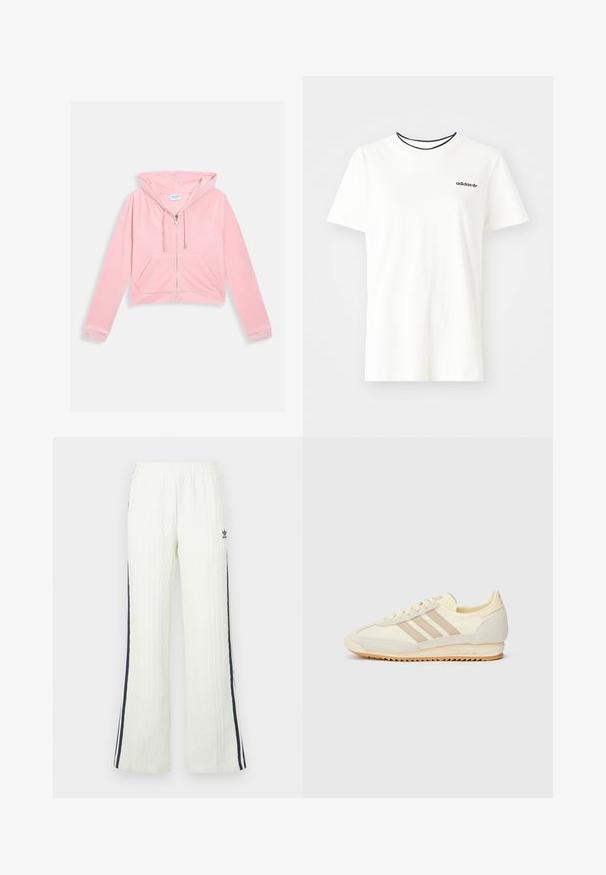 Rosa kort hoodie i mjukt tyg, med dragkedja framtill, huva, spetsdetaljer vid ärmsluten och en framficka. Broderad textdetalj.; Vit bomullströja med korta ärmar och rund halsringning. Har en svart Adidas-logotyp på bröstet och en kontrasterande svart innerkrage.; Ljuskrämfärgade, kabelstickade byxor med utsvängd design. Har mörkblå sidostripes och en Adidas-logotyp på höften. Elastisk midjeband.; Krämfärgade atletiska sneakers med tre beige ränder, i mocka och textilmaterial, med en texturerad sula och präglad logotyp på hälen.