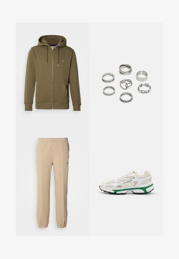 Sudadera con cremallera en color verde oliva, fabricada en material suave, que cuenta con capucha ajustable, bolsillos frontales y un pequeño logo en el pecho.; Camisa blanca de manga larga hecha de algodón, con un cuello redondo, logo negro "HUGO" en el lado izquierdo del pecho y una textura suave.; Lacoste Pantalones deportivos - viennese; Zapatilla blanca con acento verde y suela de goma negra. Presenta paneles de malla y sintéticos, con un acabado texturizado y costuras visibles.; Conjunto de siete anillos de plata con diversos diseños, incluidos patrones retorcidos, enlazados y grabados. Diferentes formas y anchos.