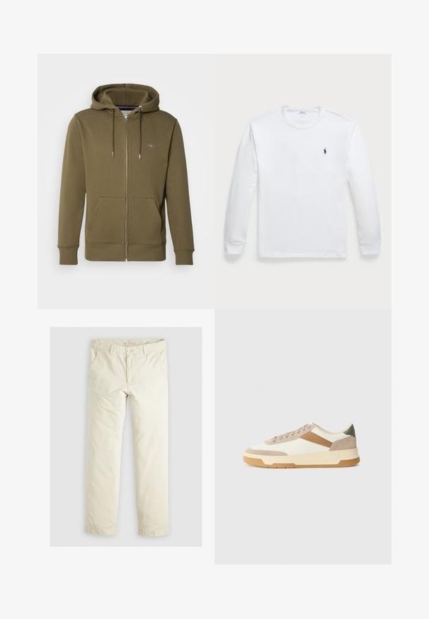Olivgrüner Reißverschluss-Hoodie aus weichem Material, mit einem Kapuzenzug, Fronttaschen und einem kleinen Logo auf der Brust.; Langärmliges weißes T-Shirt aus Baumwolle, mit einem Rundhalsausschnitt und einem kleinen marineblauen Logo auf der linken Brust. Glatte Textur, einfaches Design.; Helle beigefarbene, lässig geschnittene Hose mit drei Taschen, Gürtelschlaufen und geradem Bein. Hergestellt aus einem weichen Baumwoll-Mix.; Sneaker in Beige, Creme und Olivgrün, aus Wildleder und Leder, mit runder Zehenpartie, minimalistischem Design und Gummisohle.