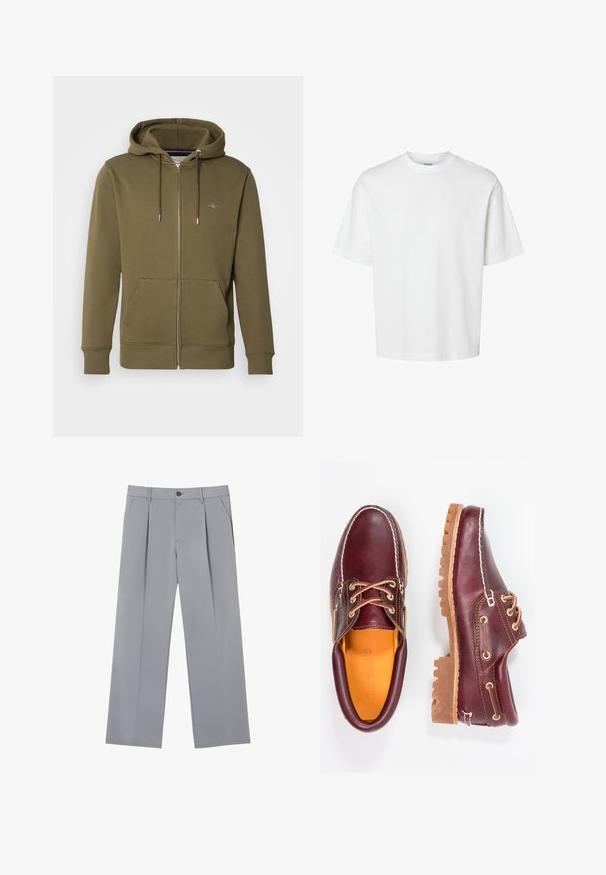 Olivgrüner Reißverschluss-Hoodie aus weichem Material, mit einem Kapuzenzug, Fronttaschen und einem kleinen Logo auf der Brust.; Weißes Baumwoll-T-Shirt mit kurzen Ärmeln, Rundhalsausschnitt und lässigem Schnitt. Glatte Textur ohne sichtbare Muster oder Akzente.; Grau gefaltete Hose mit entspannter Passform, aus leichtem Stoff gefertigt. Verfügt über Vordertaschen und einen Knopfverschluss an der Taille.; Bordeauxfarbene Lederschuhe mit braunen Gummisohlen, runder Zehenform, weißen Nähten und goldenen Ösen. Das Innenfutter weist eine gelbe Beschichtung auf.