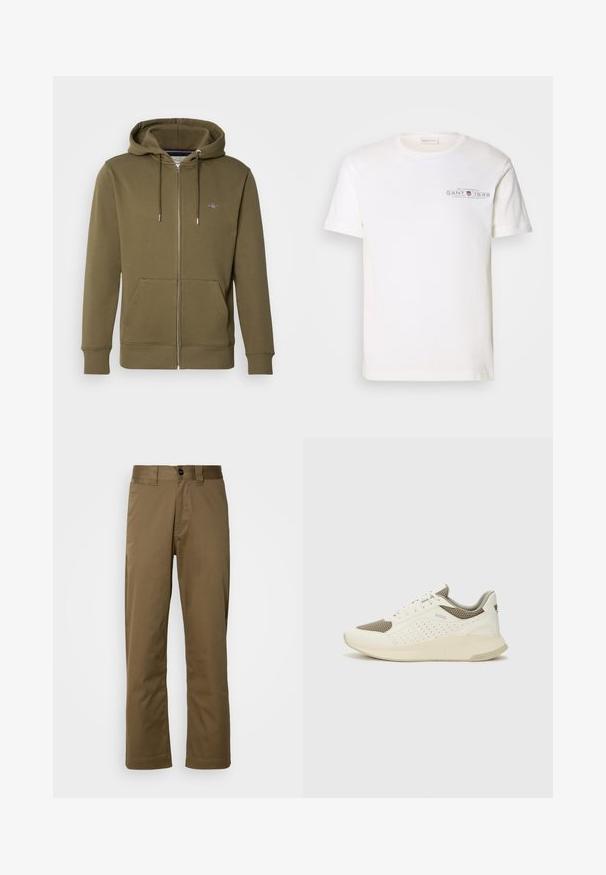 Felpa con cerniera di colore verde oliva realizzata in materiale morbido, dotata di cappuccio regolabile, tasche frontali e un piccolo logo sul petto.; T-shirt bianco in cotone con collo rotondo, maniche corte e logo stampato. Presenta un design minimalista e una vestibilità rilassata.; Pantaloni marroni a gamba dritta realizzati in tessuto intrecciato. Presentano una chiusura con bottone, tasche laterali e una texture liscia. Vestibilità sartoriale.; Sneaker atletica bianca e beige chiaro, con tomaia in mesh, dettagli perforati e una suola intermedia texturizzata con marchio sul tallone.